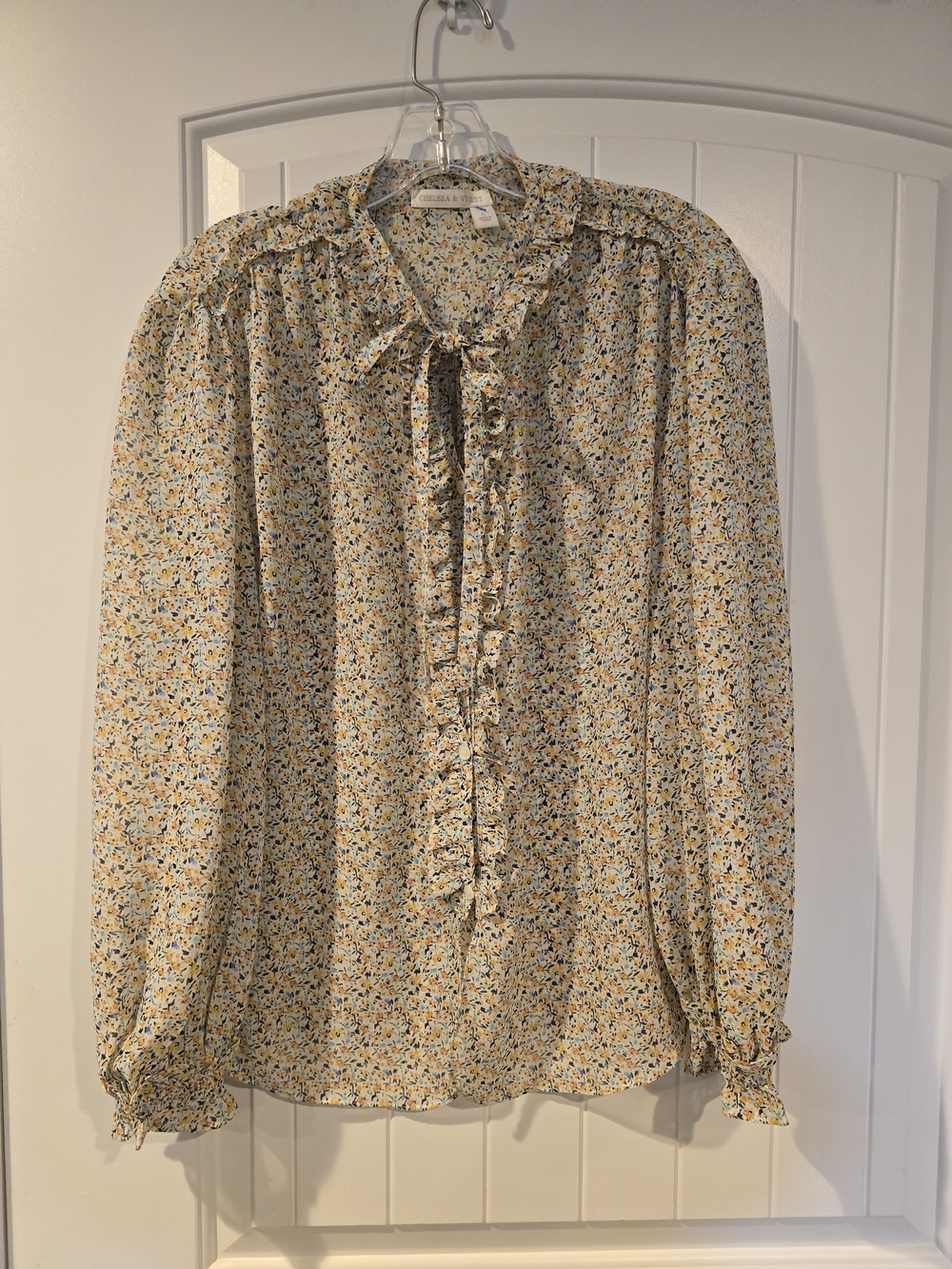 Chelsea & Violet Yellow Floral Tie-Neck Blouse Sz L - Picture 6 of 10